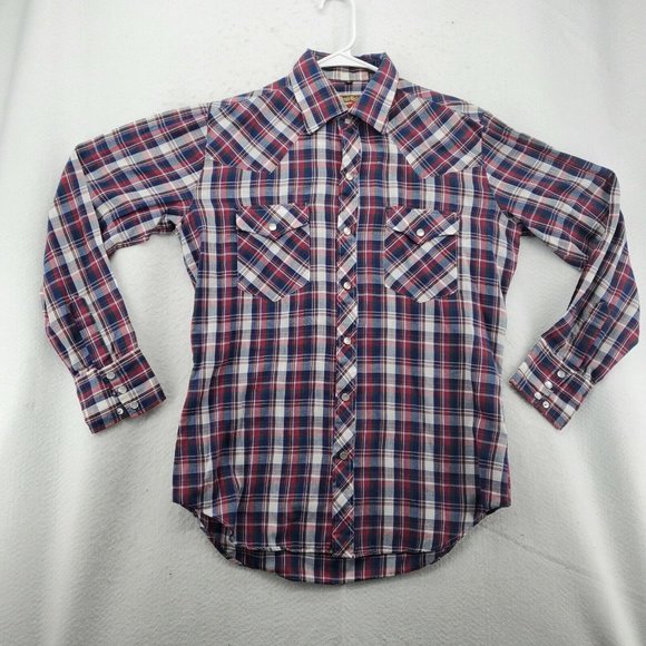 Young Bloods Shirt Men's Long Sleeve Pearl Snap Up Collared Plaid Western Blue M - Picture 2 of 12